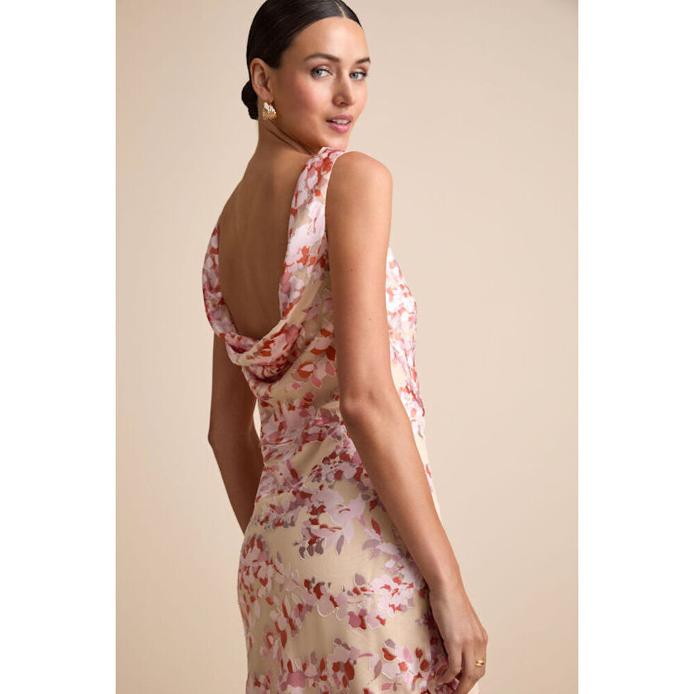 Lulus Tarice Beige Floral Jacquard Cowl Back Midi Dress - Size S